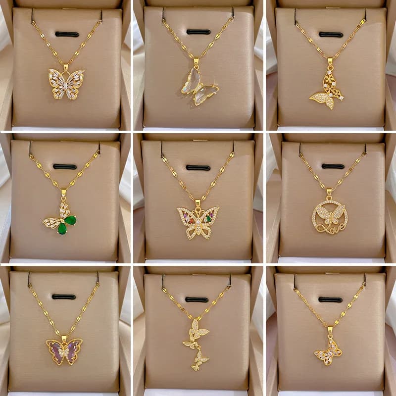 Butterfly Zircon Necklace for Women 18K Gold Plated Titanium Steel Anti-Tarnish Gold Color Pendant Necklace