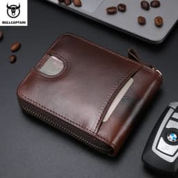 BULLCAPTAIN Mens Genuine Leather Zipper Wallet RFID Blocking Bifold Secure Zip Around Wallets Multi Credit Card Holder Purse