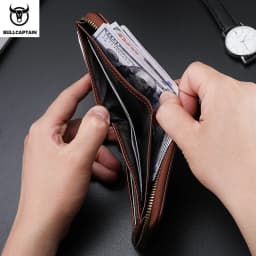 BULLCAPTAIN Mens Genuine Leather Zipper Wallet RFID Blocking Bifold Secure Zip Around Wallets Multi Credit Card Holder Purse