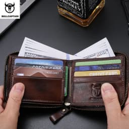 BULLCAPTAIN Mens Genuine Leather Zipper Wallet RFID Blocking Bifold Secure Zip Around Wallets Multi Credit Card Holder Purse