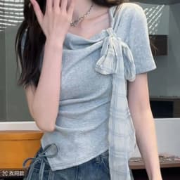 Women's Summer T-Shirt Asymmetric Neck Plaid Bow Tie Short Sleeve Ribbed Slim Fit Irregular Hem Casual Sweet Tee Top