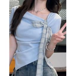 Women's Summer T-Shirt Asymmetric Neck Plaid Bow Tie Short Sleeve Ribbed Slim Fit Irregular Hem Casual Sweet Tee Top