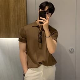 Summer Men Elasticity Polo Shirt Ice Silk Lapel Striped Thin T-shirt Breathable Cool Korean Version Slim Textured Short Sleeve