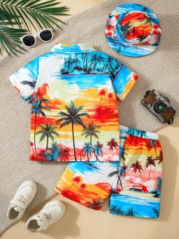 3pcs Summer Boys Hawaiian Vacation Set, 3-12Y, Tropical Palm Tree Print Shirt & Shorts with Bucket Hat, Cool Stylish, Beach Wear