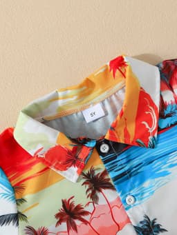 3pcs Summer Boys Hawaiian Vacation Set, 3-12Y, Tropical Palm Tree Print Shirt & Shorts with Bucket Hat, Cool Stylish, Beach Wear