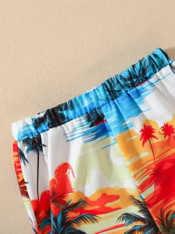 3pcs Summer Boys Hawaiian Vacation Set, 3-12Y, Tropical Palm Tree Print Shirt & Shorts with Bucket Hat, Cool Stylish, Beach Wear