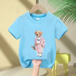 Pink Bear Pattern Round Neck Cotton Kids T-shirt Short Sleeve Fashion Print Short Sleeve Shirt Stretch T-shirt