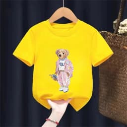 Pink Bear Pattern Round Neck Cotton Kids T-shirt Short Sleeve Fashion Print Short Sleeve Shirt Stretch T-shirt