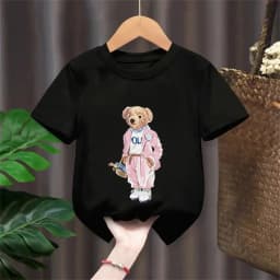 Pink Bear Pattern Round Neck Cotton Kids T-shirt Short Sleeve Fashion Print Short Sleeve Shirt Stretch T-shirt
