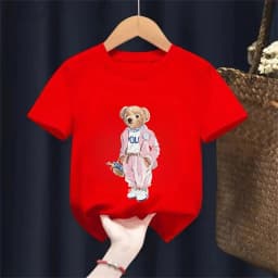 Pink Bear Pattern Round Neck Cotton Kids T-shirt Short Sleeve Fashion Print Short Sleeve Shirt Stretch T-shirt