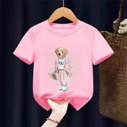 Pink Bear Pattern Round Neck Cotton Kids T-shirt Short Sleeve Fashion Print Short Sleeve Shirt Stretch T-shirt