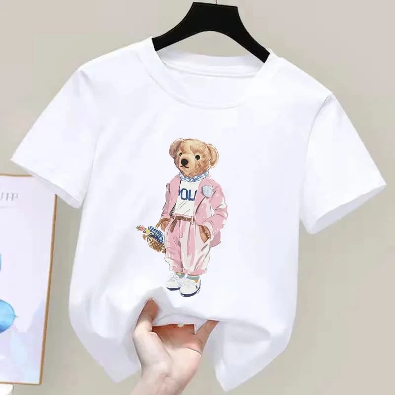 Pink Bear Pattern Round Neck Cotton Kids T-shirt Short Sleeve Fashion Print Short Sleeve Shirt Stretch T-shirt