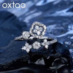 OXTAO Romantic Four Leaf Flower Moissanite Open Band Ring 14K Gold Filled Clover Star Wedding Jewelry Anniversary Gift for Women