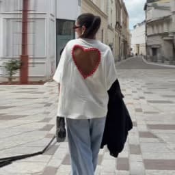 2026 Women Loose Fit Backless Heart T-shirt Sweet Red Crochet Trim Crew Neck Half Sleeve Top Summer Chic Date Daily Outfit New