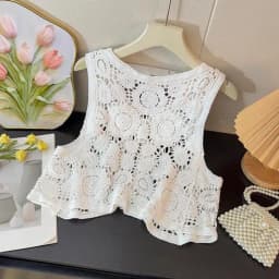 Women's Floral Crochet Vest Button Down Sleeveless Embroidery Lace Blouse Open-knit Crop Tops Summer French Chic Modern Boho