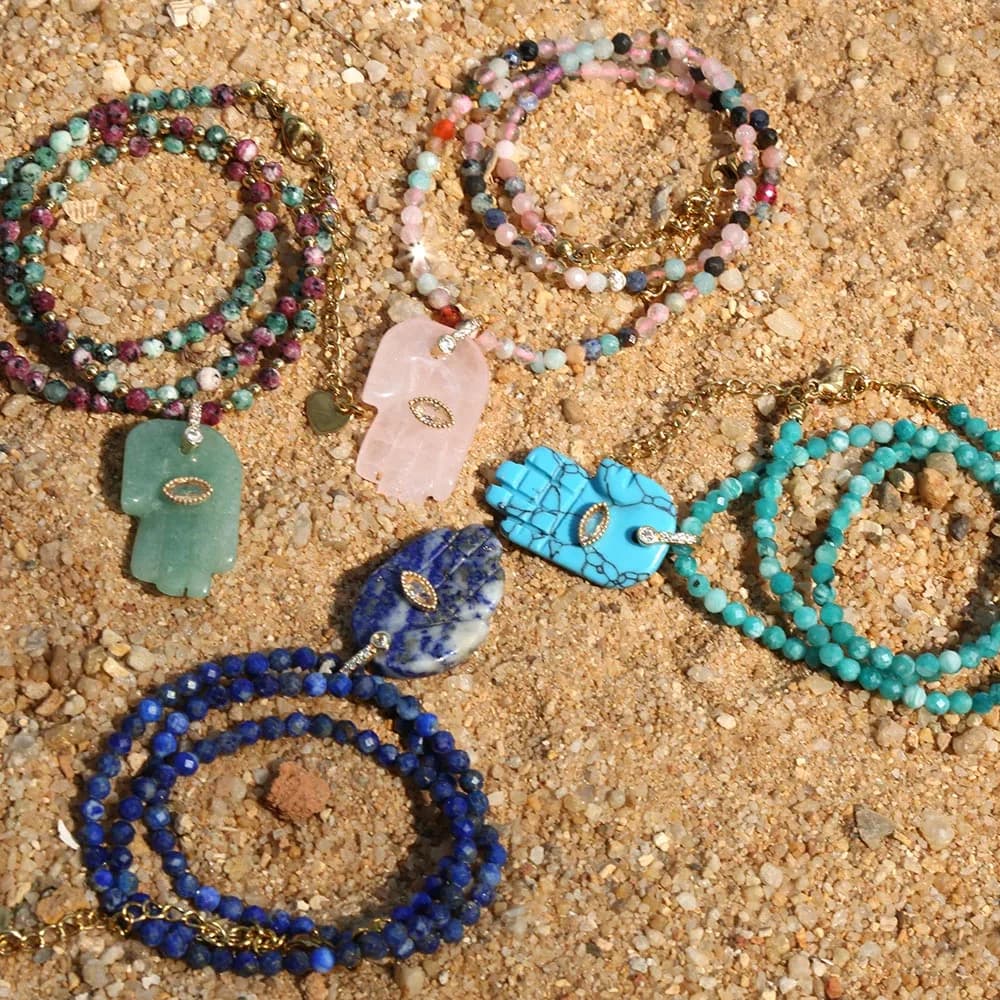 2026 popular Bohemian style Devil's Eye Buddha Hand Pendant natural stone beads chain Necklace go to Beach Travel Accessories
