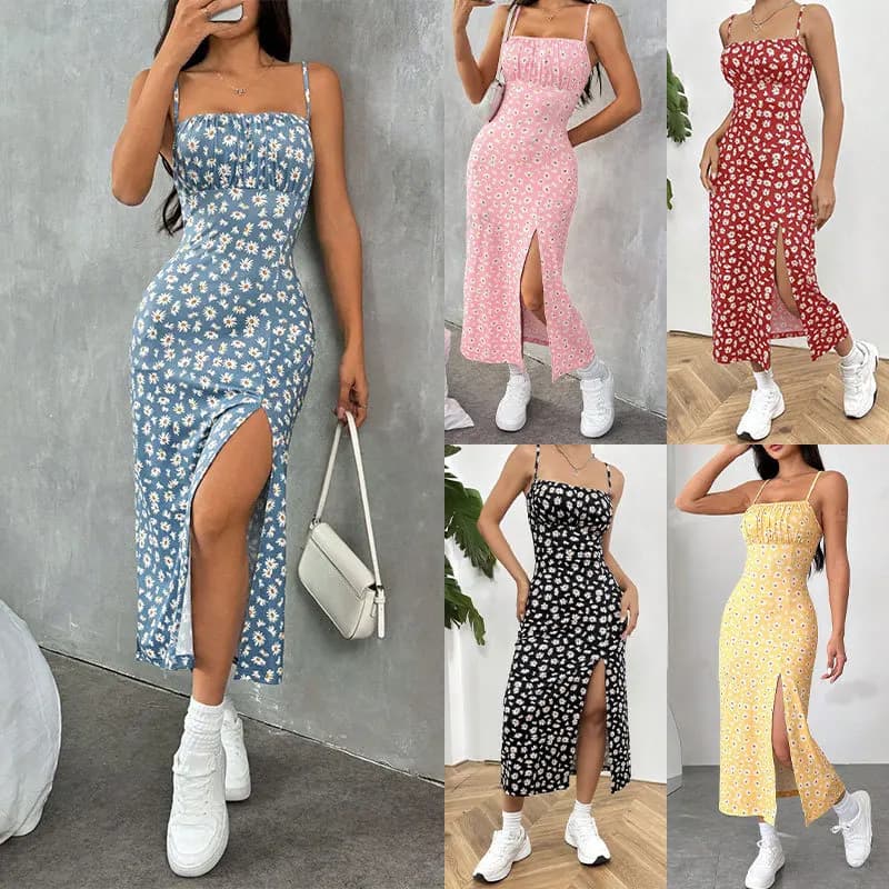 Women's Casual Dresses Daisy Floral Print Spaghetti Strap Midi Dress Square Neck Bodycon Split Summer Dress Beach Party Sundress