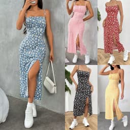 Women's Casual Dresses Daisy Floral Print Spaghetti Strap Midi Dress Square Neck Bodycon Split Summer Dress Beach Party Sundress