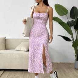 Women's Casual Dresses Daisy Floral Print Spaghetti Strap Midi Dress Square Neck Bodycon Split Summer Dress Beach Party Sundress