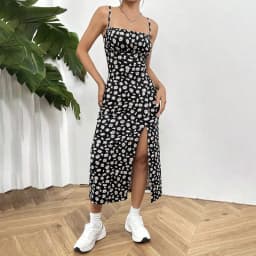 Women's Casual Dresses Daisy Floral Print Spaghetti Strap Midi Dress Square Neck Bodycon Split Summer Dress Beach Party Sundress