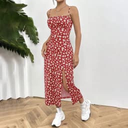 Women's Casual Dresses Daisy Floral Print Spaghetti Strap Midi Dress Square Neck Bodycon Split Summer Dress Beach Party Sundress