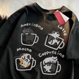 Cat Coffee Pure Trendy Summer Loose Short Sleeved T-shirt Men Women Original Mocha Latte Cat Three Flowers Fun Cat Tees