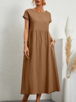 Dresses for Women  Cotton Linen Midi Casual  Short Sleeve Loose A-Line Sundress with Pockets  Solid Color Oversized Long Dress