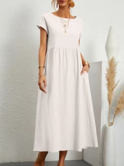 Dresses for Women  Cotton Linen Midi Casual  Short Sleeve Loose A-Line Sundress with Pockets  Solid Color Oversized Long Dress