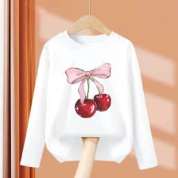 Long Sleeve 2026 Girls Y2k Bow with Cherry Fashion T Shirts Kids Children's T-shirt Girls Summer Spring Casual Top Tee