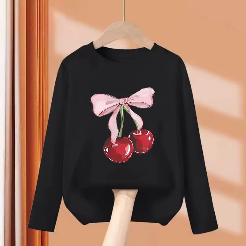 Long Sleeve 2026 Girls Y2k Bow with Cherry Fashion T Shirts Kids Children's T-shirt Girls Summer Spring Casual Top Tee