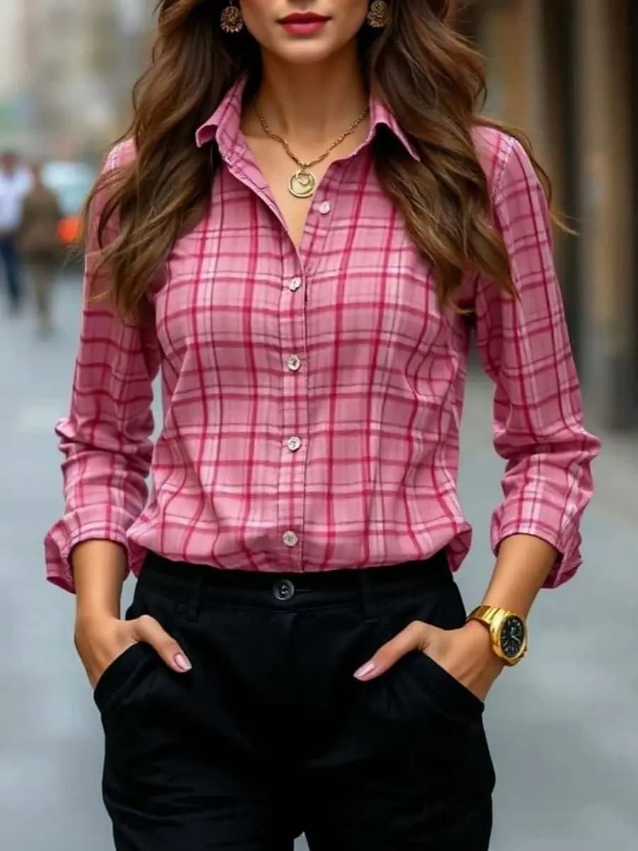 Women's Plaid Print Button Blouse, Collar Long Sleeve Casual Tops, Daily Stylish Multi-color Outfits for Spring & Summer