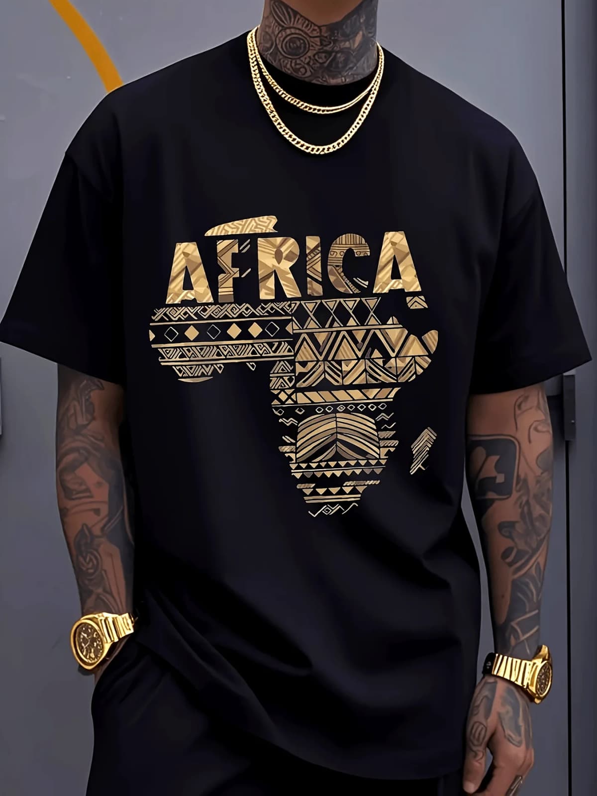 Gold African Map and Tribal Pattern Print on Premium Soft 100 Cotton Mens T shirt Perfect for Summer Streetwear and Casual Style
