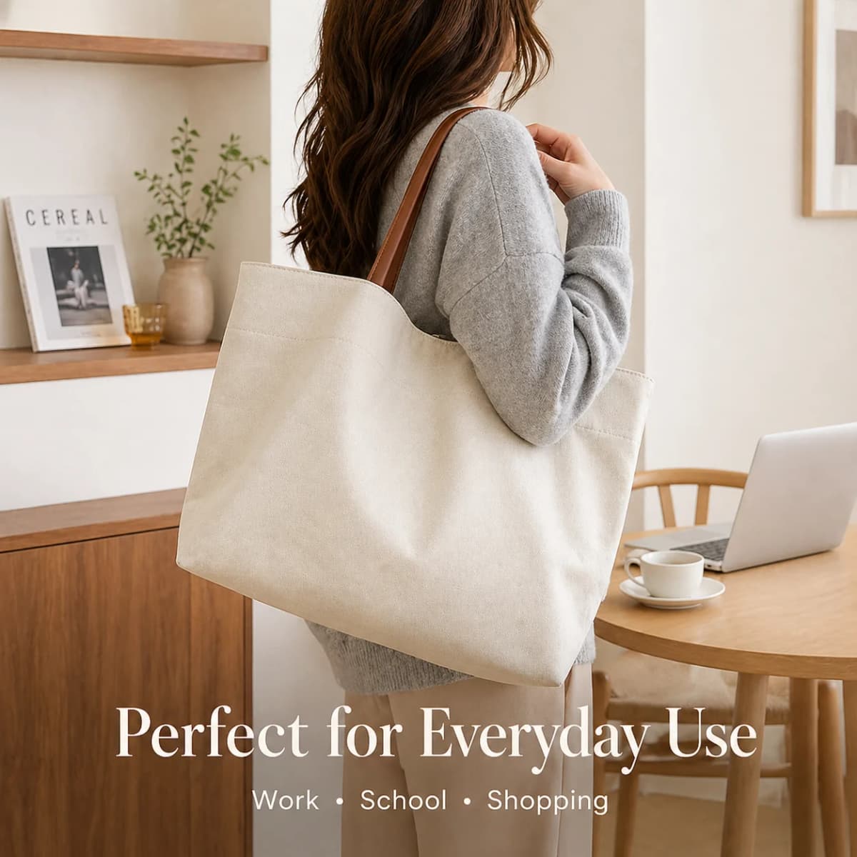 Women Canvas Tote Bag Large Casual Shoulder Handbag Minimalist White Work Bag with Magnetic Snap for Travel Shopping Daily Use