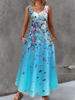 2026 New Women's Dress Fashion Floral Print New Sleeveless Design Dresses Summer Outdoor Beach Vacation Ankle Long Women's Dress