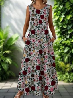 2026 New Women's Dress Fashion Floral Print New Sleeveless Design Dresses Summer Outdoor Beach Vacation Ankle Long Women's Dress