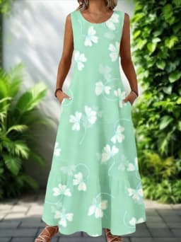 2026 New Women's Dress Fashion Floral Print New Sleeveless Design Dresses Summer Outdoor Beach Vacation Ankle Long Women's Dress