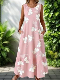 2026 New Women's Dress Fashion Floral Print New Sleeveless Design Dresses Summer Outdoor Beach Vacation Ankle Long Women's Dress