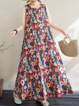 2026 New Women's Dress Fashion Floral Print New Sleeveless Design Dresses Summer Outdoor Beach Vacation Ankle Long Women's Dress