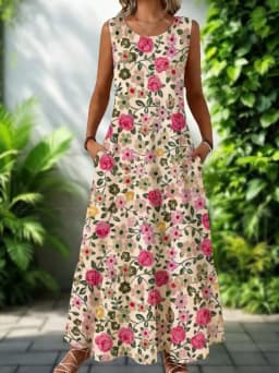 2026 New Women's Dress Fashion Floral Print New Sleeveless Design Dresses Summer Outdoor Beach Vacation Ankle Long Women's Dress