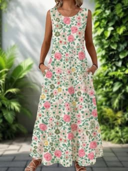 2026 New Women's Dress Fashion Floral Print New Sleeveless Design Dresses Summer Outdoor Beach Vacation Ankle Long Women's Dress