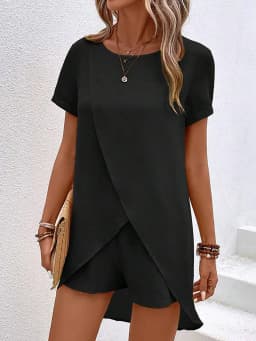 Women Two Piece Outfit Round Neck Short Sleeve Wrap Top Shorts Loose Fit Spring Summer Daily Wear Breathable Lightweight Set