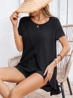 Women Two Piece Outfit Round Neck Short Sleeve Wrap Top Shorts Loose Fit Spring Summer Daily Wear Breathable Lightweight Set
