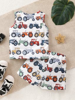 2pcs Summer Baby Boys Tractor Print Set, Cute Cartoon Sleeveless Tank Top + Shorts, Cool Casual Style, Daily/Home/Outdoor Wear,