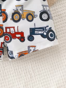 2pcs Summer Baby Boys Tractor Print Set, Cute Cartoon Sleeveless Tank Top + Shorts, Cool Casual Style, Daily/Home/Outdoor Wear,