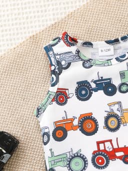 2pcs Summer Baby Boys Tractor Print Set, Cute Cartoon Sleeveless Tank Top + Shorts, Cool Casual Style, Daily/Home/Outdoor Wear,