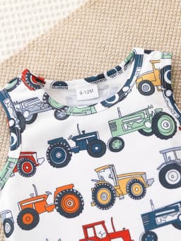 2pcs Summer Baby Boys Tractor Print Set, Cute Cartoon Sleeveless Tank Top + Shorts, Cool Casual Style, Daily/Home/Outdoor Wear,