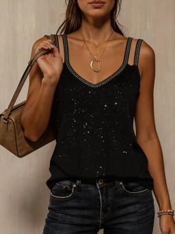 Sexy Black Rhinestone V Neck Cami Top Double Strap Glitter Sparkle Tank Blouse, For Nightclub Party Date Night Outfits