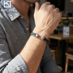KELEN 10mm Black Genuine Leather Bangle For Men Stainless Steel 316L Business Jewelry - KB97554-BD