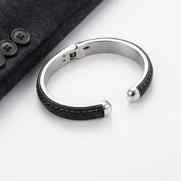 KELEN 10mm Black Genuine Leather Bangle For Men Stainless Steel 316L Business Jewelry - KB97554-BD