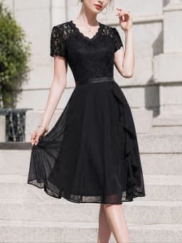 Women Short Sleeveless Sexy V-Neck Holiday Prom Knee Length Splice Ruffles Chiffon Elegant Full Skirt A-Line Dress